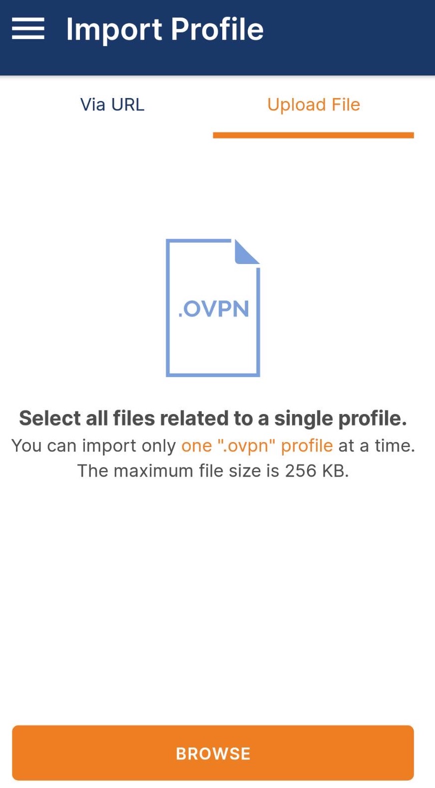 Android · OpenVPN · 選擇 Upload File 並瀏覽檔案
