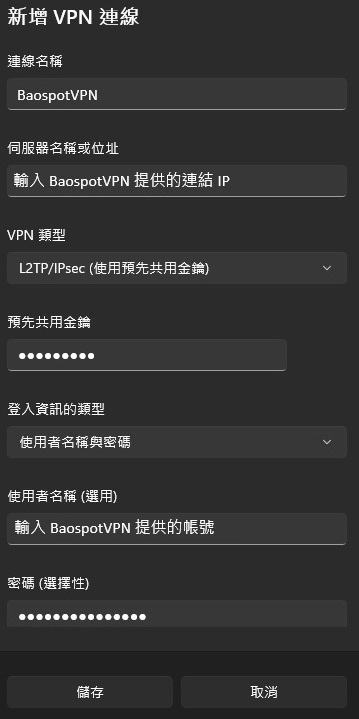 Windows 11 · 填寫 VPN 設定詳情